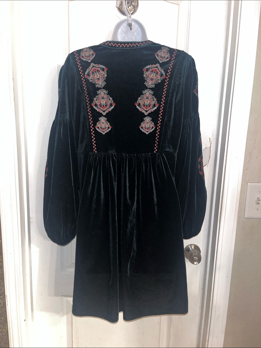Zara green Velvet Embroidered Babydoll Dress with Pink Accents - Picture 8 of 10